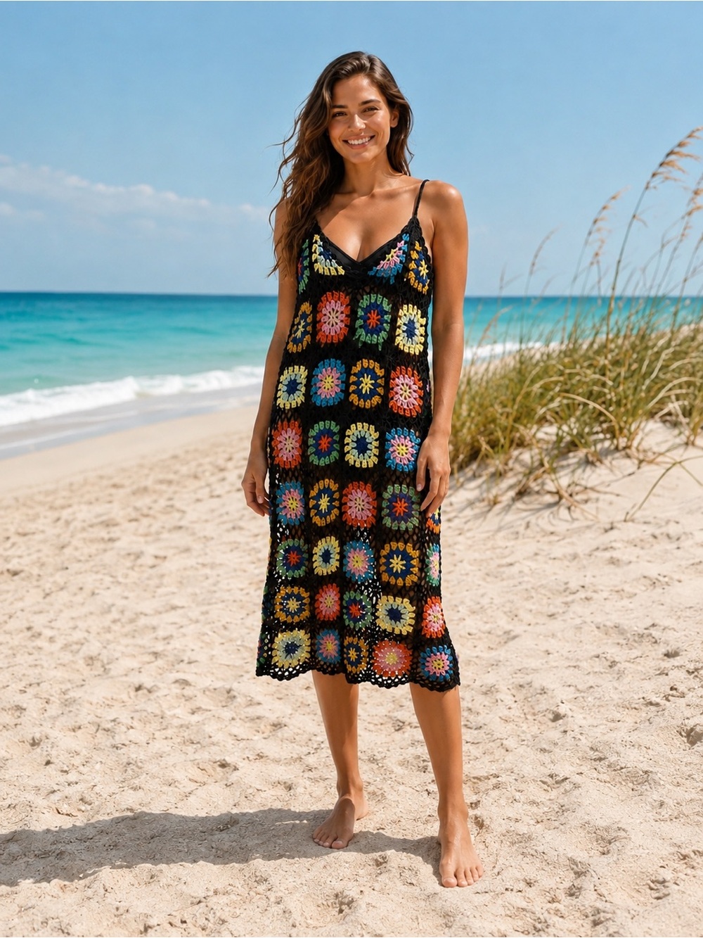 NWT Crochet Swim Coverup Dress in Black with Granny Squares Best for Small